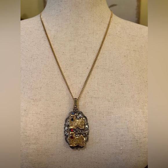 Jewelry - Gold and Silver Pendant Necklace with Intricate Design and 2 Dogs with Crystals